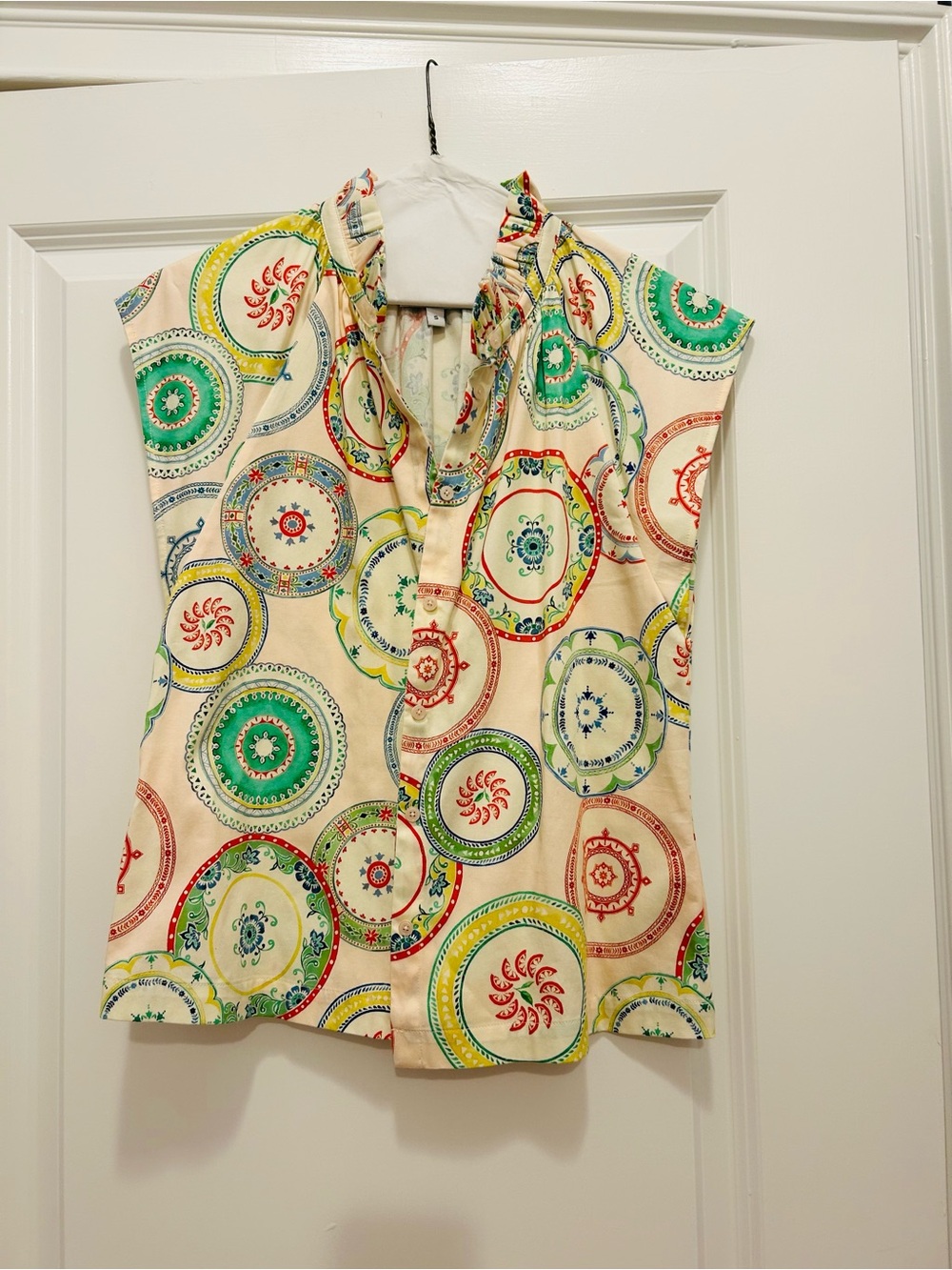 Alden Adair - Printed Ruffle Collar Top — Faint pink with Green & Red Medallions